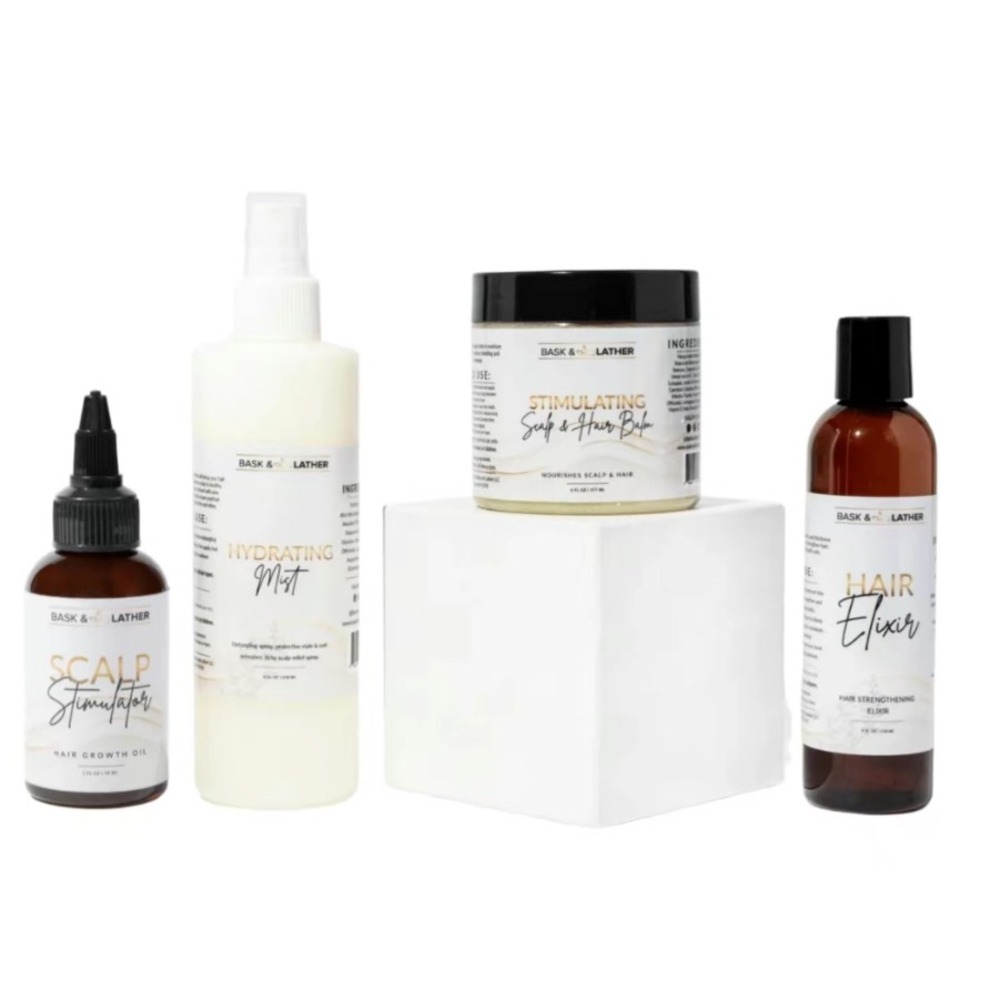 Bask & Lather Hair Care Set Scalp Stimulator Hydrating Mist Balm Hair Elixir 4pc